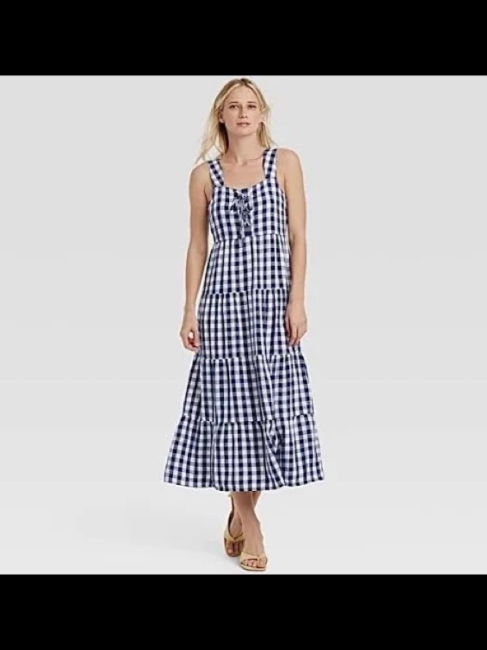 Who What Wear Gingham Tiered Maxi Dress in Navy and White